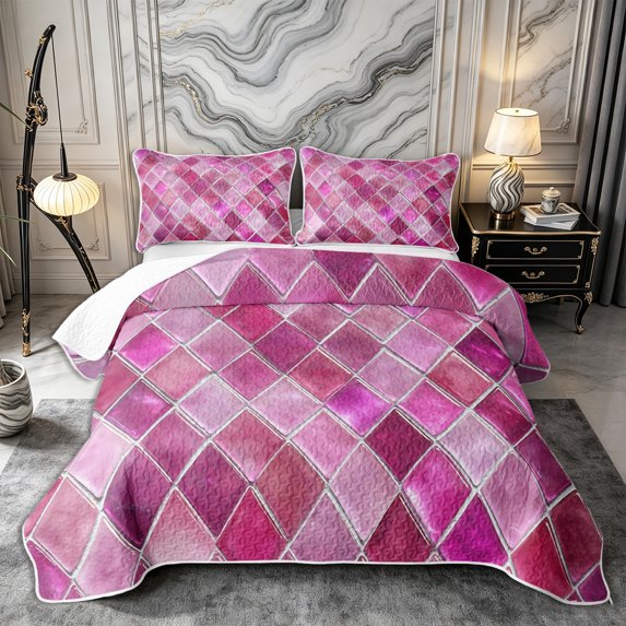 Castle Fairy Abstract Rhombus Bed Spread Queen 3pcs,Gradient Glass Chip Queen Coverlet Set,Fuchsia Pink White,1 Quilt and 2 Pillowcases