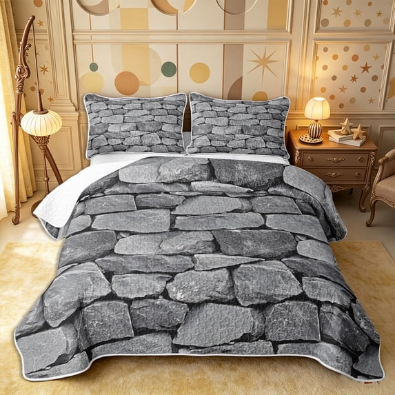 Castle Fairy Abstract Rock Slate Texture Twin Quilt Set 2 Pieces,Geometric Stacked Stone Block Twin Coverlet Set,Charcoal Gray,1 Bedspread and 1 Pillowcase