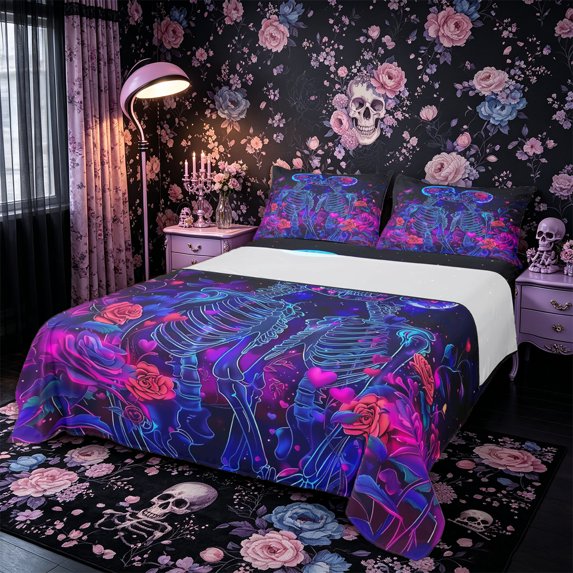 Castle Fairy Abstract Romantic Gothic Skeleton Queen Sheets 4 Pieces,Cosmic Neon Butterfly Rose Queen Sheet Sets,Blue Magenta,1 Fitted Sheet,1 Flat Sheet and 2 Pillowcases