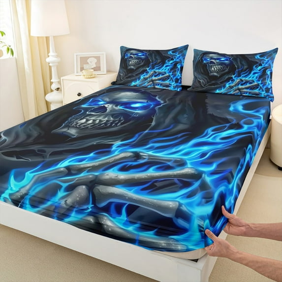 Castle Fairy Abstract Skeleton 3pcs Twin Sheet Sets,Black Blue Twin Fitted Sheet,Happy Halloween Breathable Flat Sheet,Microfiber Teenager Bedroom Decor