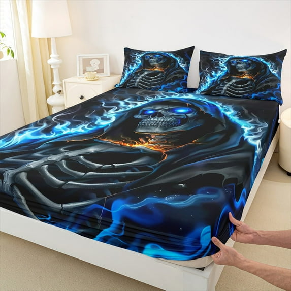 Castle Fairy Abstract Skeleton 4 Pieces Queen Sheet Sets,Happy Halloween Ultra Soft Flat Sheet,Gothic Style Queen Fitted Sheet,Breathable Exotic Home Decor