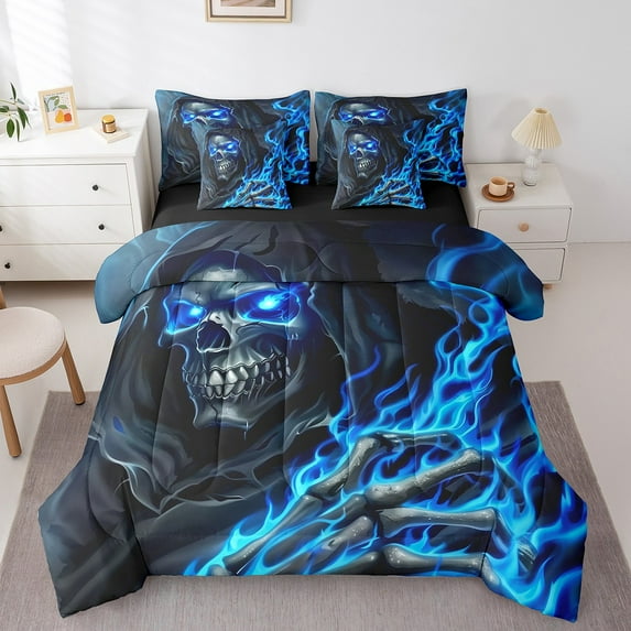 Castle Fairy Abstract Skeleton 7-Piece Twin Bedding Sets,Black Blue Bedding Comforter Set,Happy Halloween Breathable Sheet Sets,Microfiber Teenager Bedroom Decor,Reversible