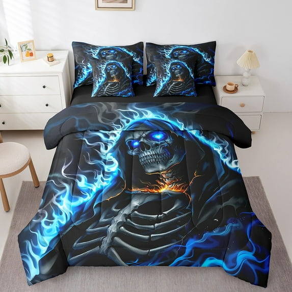 Castle Fairy Abstract Skeleton 7-Piece Twin Bedding Sets,Happy Halloween Bedding Comforter Set,Gothic Style Breathable Sheet Sets,Breathable Exotic Home Decor,Reversible