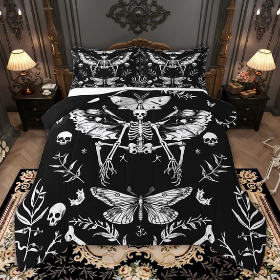 Castle Fairy Abstract Skeleton Skull Twin Comforter Sets,Flying Butterfly Bedding Set