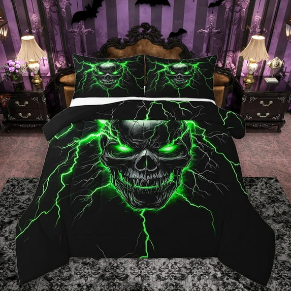 Castle Fairy Abstract Skull 3 Pieces Queen Comforter Set for Teens Adults,Gothic Style Ultra Soft Bedding Sets,Gradient Lightning Bedding Comforter Set Breathable,Super Cozy Room Decor,Reversible