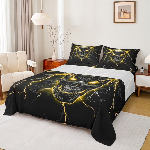 Castle Fairy Abstract Skull 4 Pieces Queen Sheet Sets for Teens Adults,Gothic Style Ultra Soft Flat Sheet,Gradient Lightning Queen Fitted Sheet,Super Cozy Room Decor