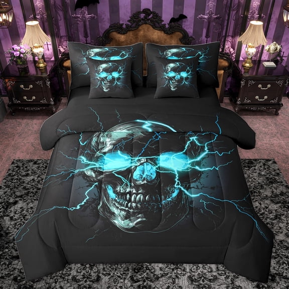 Castle Fairy Abstract Skull Bedding Comforter Set 7-Piece for Teens Adults,Gothic Style King Bedding Sets,Gradient Lightning Ultra Soft Bed Sheets,Super Cozy Room Decor,Reversible