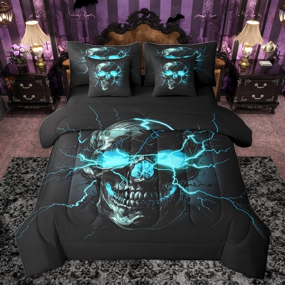 Castle Fairy Abstract Skull Bedding Comforter Set 7pcs for Teens Adults,Gothic Style Queen Bedding Sets Super Cozy,Gradient Lightning Queen Sheet Sets,Super Cozy Room Decor,Reversible