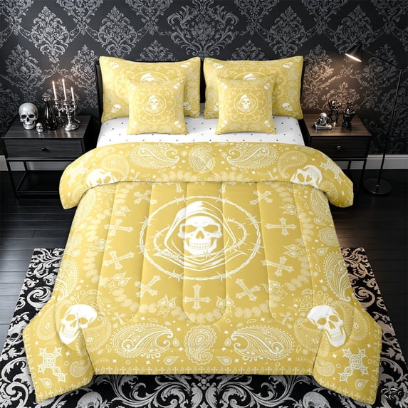 Castle Fairy Abstract Skull Paisley Queen Bedding 7pcs,Gothic Bohemian Flower Bedding Comforter Set Queen,Mustard White,Reversible