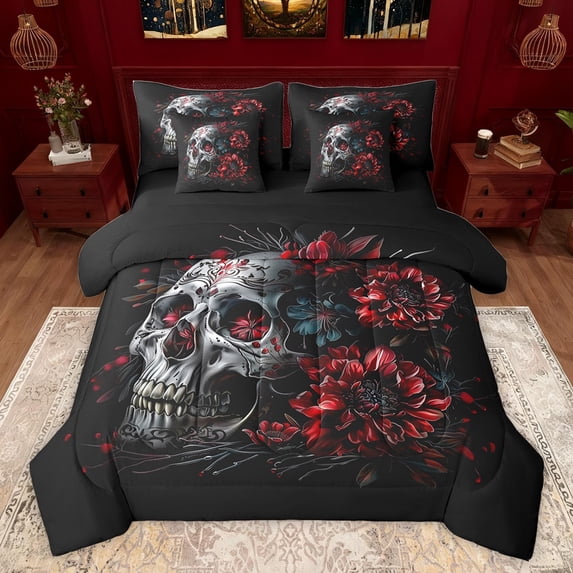 Castle Fairy Abstract Skull Twin Bedding Sets 7-Piece for Adults Boys Girls,Chic Floral Flowers Bedding Comforter Set Microfiber,Vintage Gothic Style Breathable Sheet Sets,Microfiber Bedroom Decor