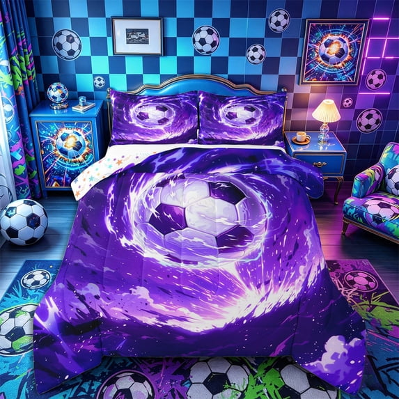 Castle Fairy Abstract Soccer Full Size Comforter Sets 3-Piece, Purple Starry Sky Bedding Comforter Set,1 Comforter and 2 Pillowcases