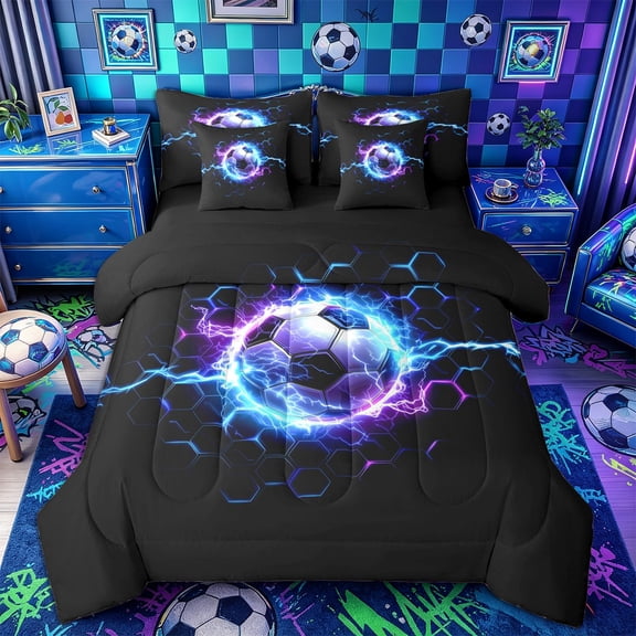 Castle Fairy Abstract Soccer Ombre Lightning Twin Bedding 7-Piece, Geometric Honeycomb Bedding Comforter Set, Black Blue Purple,Black Reversible