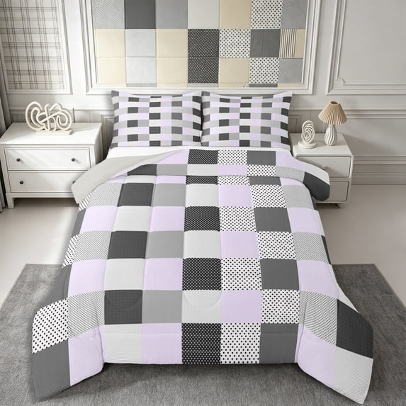 Castle Fairy Abstract Speckled Check Queen Comforter Set 3 Pieces,Retro Gingham Grid Comforter Sets Queen,Lavender Gray White,Reversible,1 Comforter and 2 Pillowcases