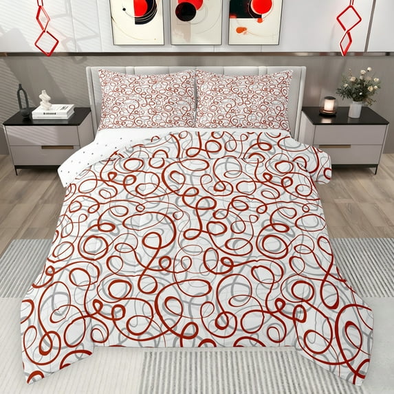 Castle Fairy Abstract Spiral Stripes Bedding Comforter Set 2pcs for Children Teens Adults,Red Grey Geometric Lines Twin Comforter Sets Microfiber,Minimalist Vintage Aesthetic Breathable Bedding Set