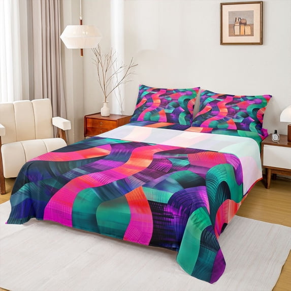 Castle Fairy Abstract Spiral Stripes Queen Sheet Sets,Gradient Geometric Lines Bed Set