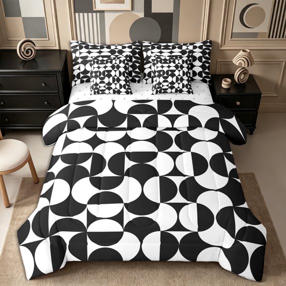 Castle Fairy Abstract Split Circle 7-Piece Twin Bedding,Retro Curved Bedding Comforter Set,Black White,Reversible