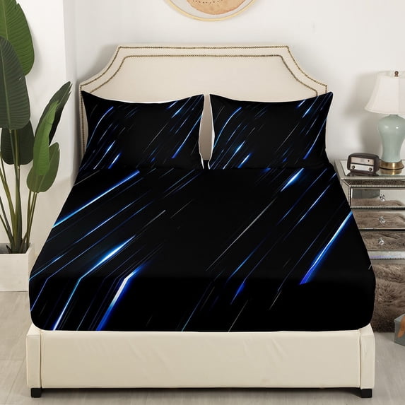 Castle Fairy Abstract Stripes 4-Piece Full Size Sheets,Geometric Theme Bed Sheets,Black Blue Lightweight Sheet Sets,Breathable Lines Home Decor