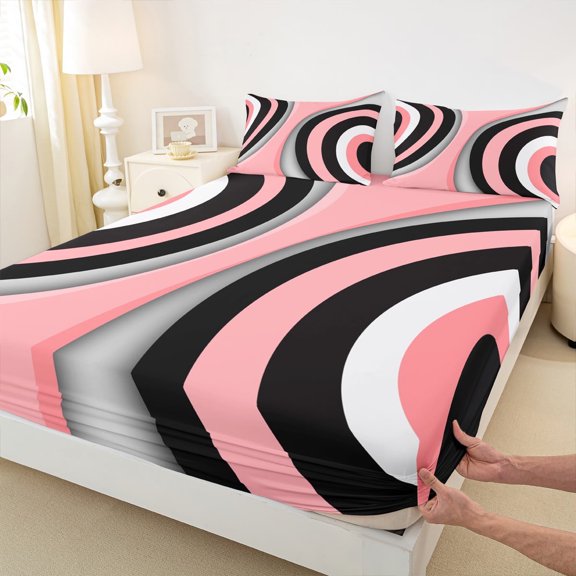 Castle Fairy Abstract Stripes 4 Pieces Queen Sheet Sets,Black Pink Ultra Soft Flat Sheet,Geometric Theme Queen Fitted Sheet,Breathable Geometric Home Decor