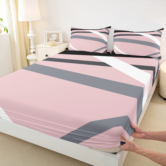 Castle Fairy Abstract Stripes 4pcs Bed Sheets,Pink Grey King Sheets,Geometric Theme Super Cozy Sheet Set,Breathable Geometric Home Decor