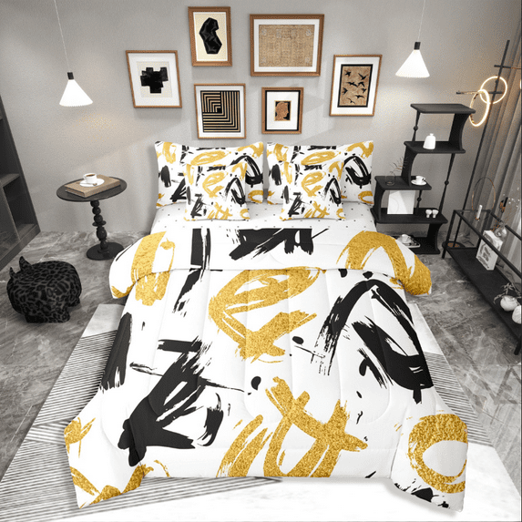 Castle Fairy Abstract Stripes 7-Piece Twin Bedding Sets for Teens,Graffiti Splash Bedding Comforter Set,Mid Century Breathable Sheet Sets,Luxury Bedroom Decor