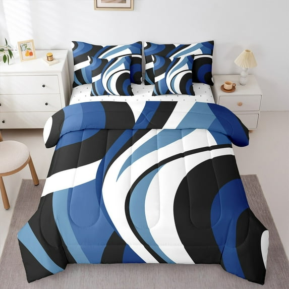 Castle Fairy Abstract Stripes 7 Pieces Bedding Comforter Set for Teens,Minimalist Geometric Full Bedding Set Lightweight,Black Blue Fitted Sheet Flat Sheet,Microfiber Bedroom Decor