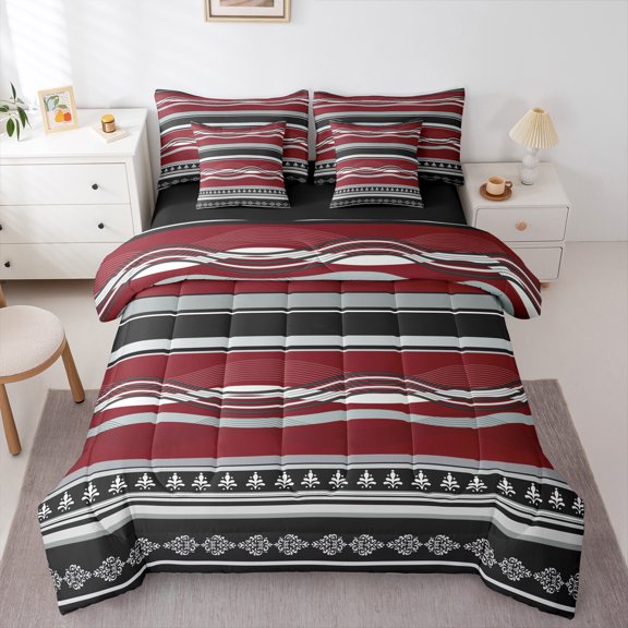 Castle Fairy Abstract Stripes 7 Pieces Bedding Comforter Set for Teens Women Men,Geometric Lines Full Bedding Set Lightweight,Vintage Aesthetic Fitted Sheet Flat Sheet,Super Cozy Room Decor