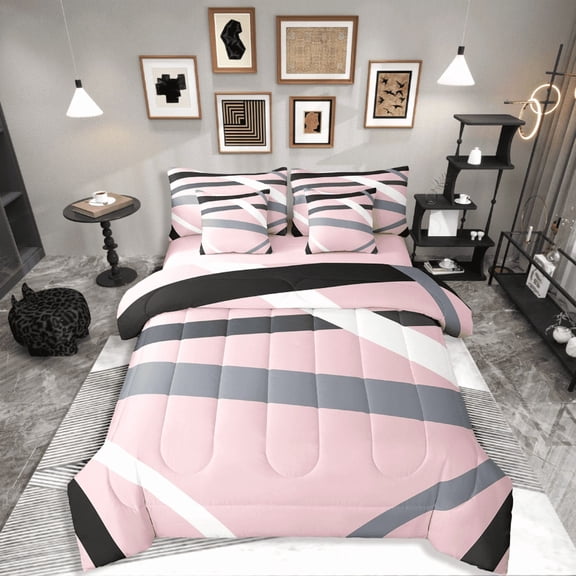 Castle Fairy Abstract Stripes 7pcs Bedding Comforter Set,Pink Grey Queen Bedding Sets Super Cozy,Geometric Theme Queen Sheet Sets,Breathable Geometric Home Decor,Reversible