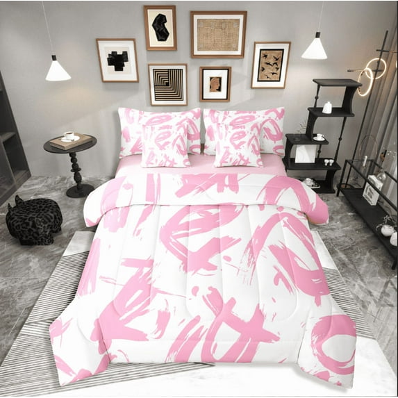 Castle Fairy Abstract Stripes Girl 7-Piece Twin Bedding Sets,Graffiti Splash Bedding Comforter Set,Mid Century Breathable Sheet Sets,Luxury Bedroom Decor
