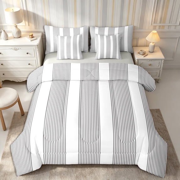 Castle Fairy Abstract Thin Vertical Stripe King Bedding 7pcs,Geometric Wide Band King Bed in a Bag,Gray White,Reversible