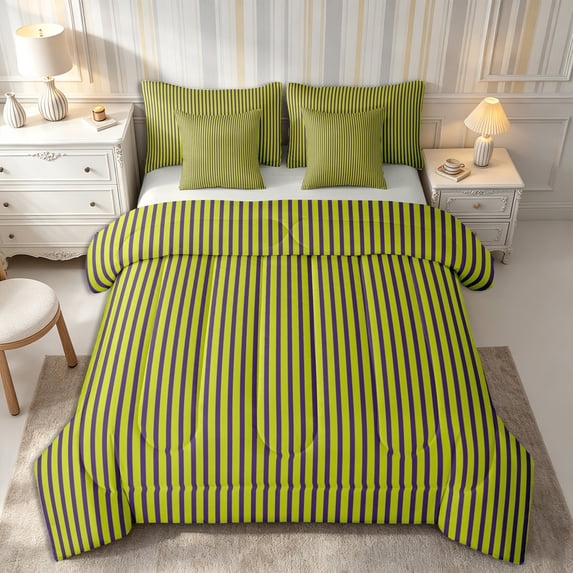Castle Fairy Abstract Vertical Line King Bedding 7pcs,Retro Thin Strip King Bed in a Bag,Olive Green Violet Purple,Reversible