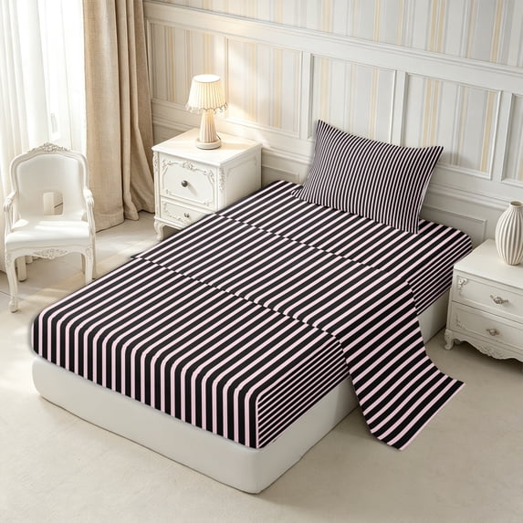 Castle Fairy Abstract Vertical Line Twin Sheets 3pcs,Watercolor Thin Strip Bedding,Pink Black,1 Flat Sheet, 1 Fitted Sheet and 1 Pillowcase