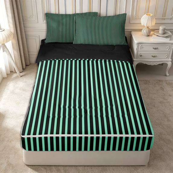 Castle Fairy Abstract Vertical Stripe Zipper Full Size Comforter Sets with Fitted Sheet and 2 Pillowcases,Minimalist Thin Line Zipper Bedding Set,Mint Green Black,Reversible
