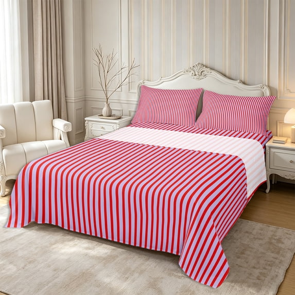 Castle Fairy Abstract Vertical Stripes Bed Sheets 4-Piece,Minimalist Linear Band Full Size Sheets,Lavender Red,1 Flat Sheet, 1 Fitted Sheet and 2 Pillowcases