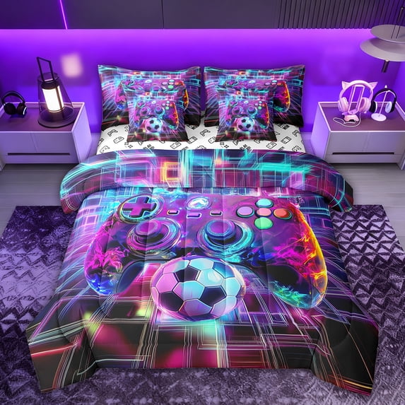 Castle Fairy Abstract Video Game Bedding Comforter Set,Futuristic Grid Queen Bedding Sets