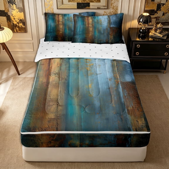 Castle Fairy Abstract Watercolor Artwork Zipper Twin Comforter Sets with Fitted Sheet and 2 Pillowcases,Vintage Aesthetics Zipper Bedding Set,Teal Rust Navy,Reversible