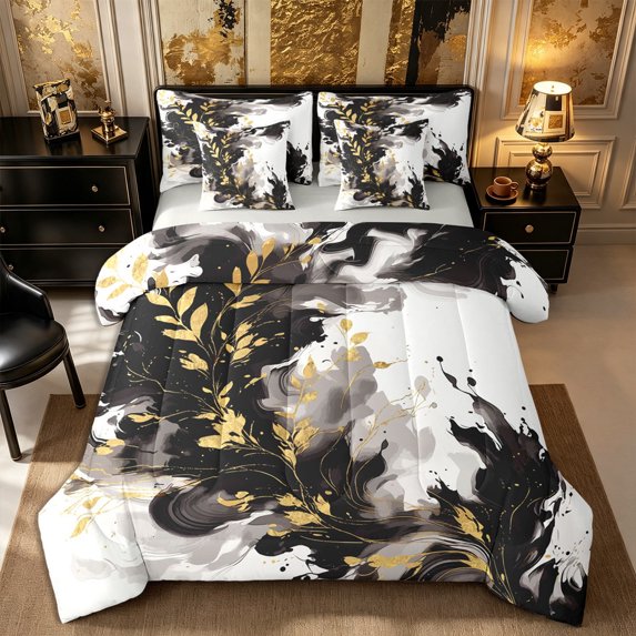 Castle Fairy Abstract Watercolor Wash Splash 7-Piece Twin Bedding,Retro Aesthetics Gold Leaves Bedding Comforter Set,Black Gold,Reversible