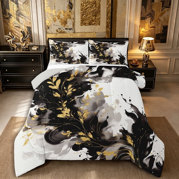 Castle Fairy Abstract Watercolor Wash Splash Full Size Comforter Sets 3-Piece,Retro Aesthetics Gold Leaves Bedding Comforter Set,Black Gold,Reversible,1 Comforter and 2 Pillowcases