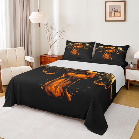 Castle Fairy Abstract Weightlifting Boy Girl 4pcs Bed Sheets,Sport Gamer King Sheets,Black Orange Super Cozy Sheet Set,Luxury Bedroom Decor