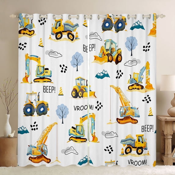 Castle Fairy Adorable Construction Vehicle Curtains Pack of 2 (42x84 Each) for Children, Cheerful Excavator Motif Curtains Blackout for Dorm, White Yellow Blue