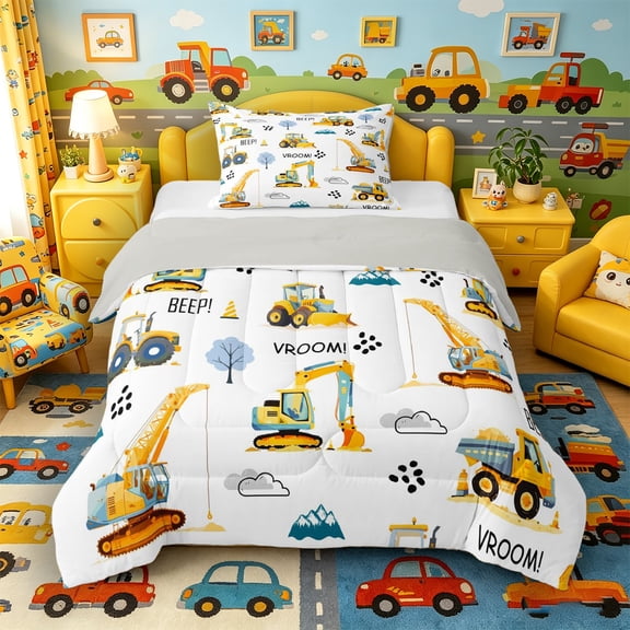 Castle Fairy Adorable Construction Vehicle Twin Comforter Sets 3-Piece for Children, Cheerful Excavator Motif Bedding Set for Dorm, White Yellow Blue,Grey Reversible