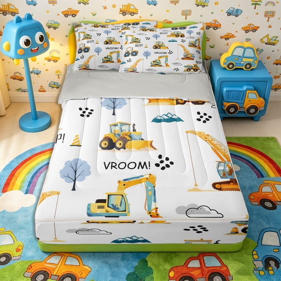 Castle Fairy Adorable Construction Vehicle Zipper Full Size Comforter Sets with Fitted Sheet and 2 Pillowcases,Cheerful Excavator Motif Zipper Bedding Set,White Yellow Blue,4pcs,Grey Reversible