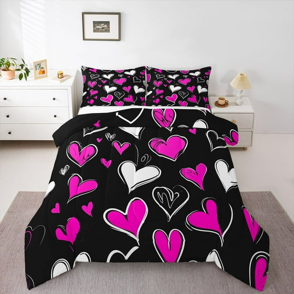 Castle Fairy Adults Cute Love Heart Queen Comforter Set,Black Pink Bedding Comforter Set