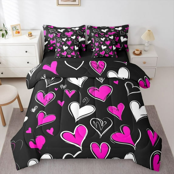 Castle Fairy Adults Cute Love Heart Twin Bedding Sets,Black Pink Bedding Comforter Set