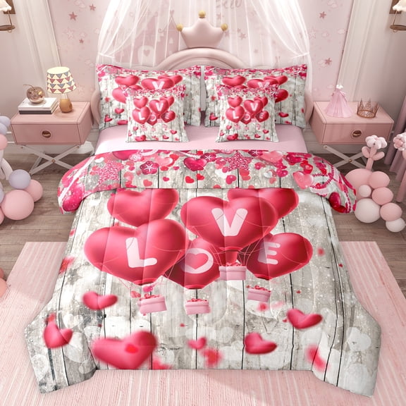 Castle Fairy Adults Female Girls Pink Love Heart Print Twin Bedding Sets 7-Piece,Valentine's Day Festival Bedding Comforter Set Microfiber,Vintage Romantic Cabin Cottage Breathable Sheet Sets
