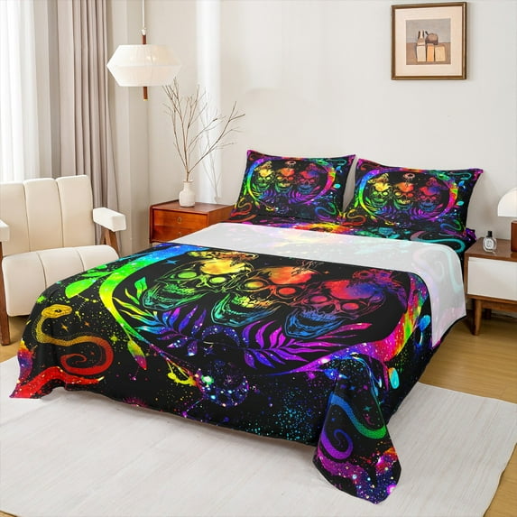 Castle Fairy Adults Female Men Abstract Gradient Skull Twin Sheet Sets 3pcs,Bohemian Starry Sky Twin Fitted Sheet Microfiber,Gothic Style Animal Breathable Flat Sheet,Ultra Soft Home Decor