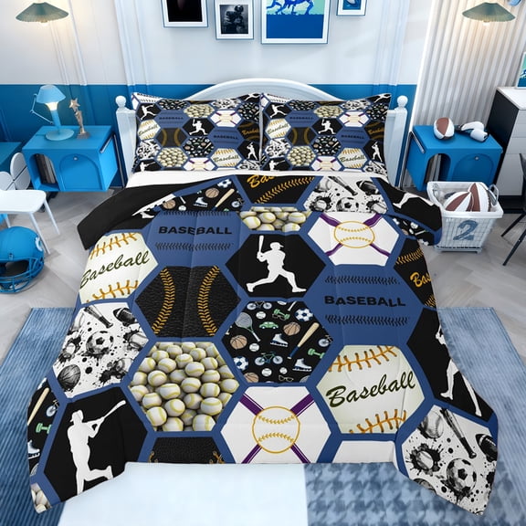 Castle Fairy Adults Female Men Baseball Gamer Bedding Comforter Set 2pcs,Abstract Honeycomb Hexagon Twin Comforter Sets Microfiber,Sport Theme Breathable Bedding Set,Microfiber Bedroom Decor