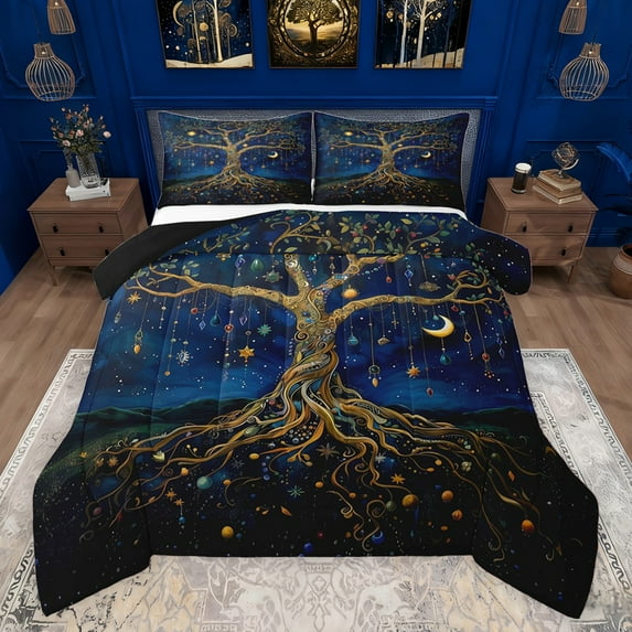 Castle Fairy Adults Female Men Bohemian Tree Of Life Full Size Comforter Sets 3-Piece,Starry Sky Moon Bedding Comforter Set,Boho Theme Lightweight Bedding Sets,Ultra Soft Home Decor,Reversible