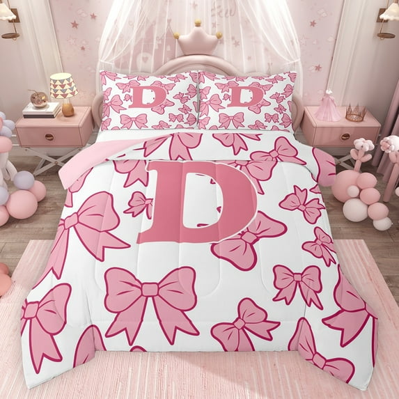 Castle Fairy Adults Female Men Dreamy Princess Letter Monogrammed D 3 Pieces Queen Comforter Set,Cute Bow Initial Ultra Soft Bedding Sets,Cartoon Pink Bowtie Bedding Comforter Set Breathable