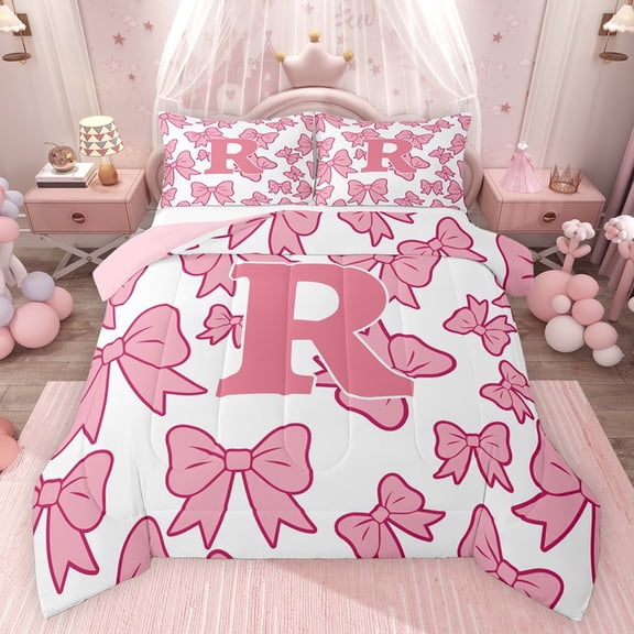 Castle Fairy Adults Female Men Dreamy Princess Letter Monogrammed R Bedding Comforter Set 2pcs,Cute Bow Initial Twin Comforter Sets Microfiber,Cartoon Pink Bowtie Breathable Bedding Set