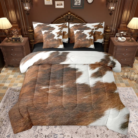 Castle Fairy Adults Female Men Farmhouse Cow Print Twin Bedding Sets 7-Piece,Brown White Bedding Comforter Set Microfiber,Rustic Western Animal Cattle Breathable Sheet Sets,Microfiber Bedroom Decor